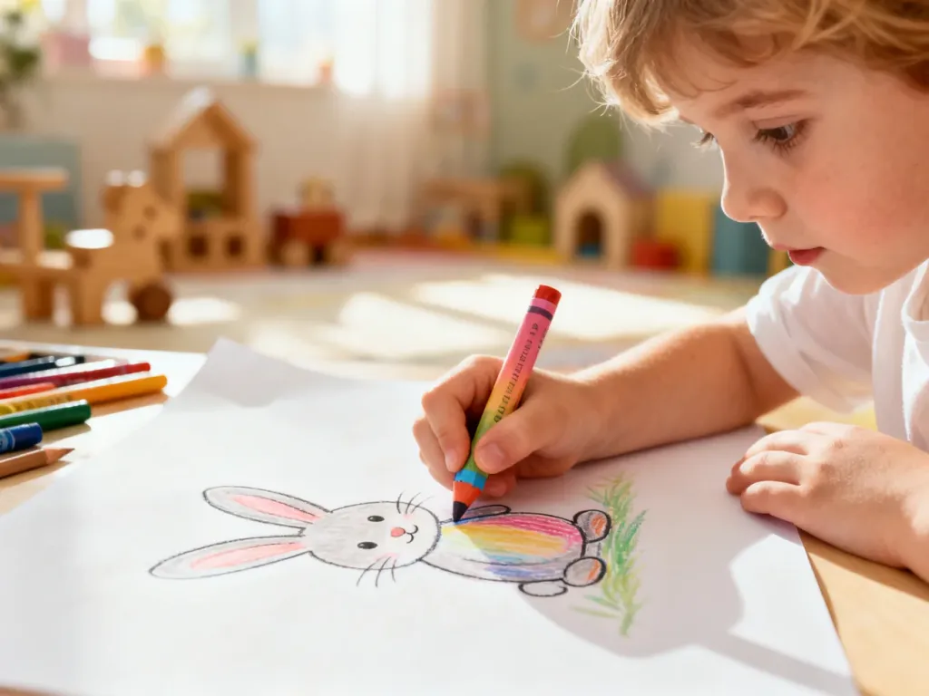 Dziecko rysuje kolorową kredką uroczego królika na białej kartce w przytulnym pokoju zabaw.