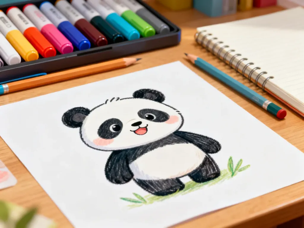 Urocza ilustracja pandy na kartce papieru oraz przybory do rysowania leżące na drewnianym biurku.