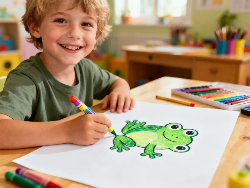 Dziecko rysuje uśmiechniętą zieloną żabę kolorową kredką na kartce papieru w przytulnym pokoju.