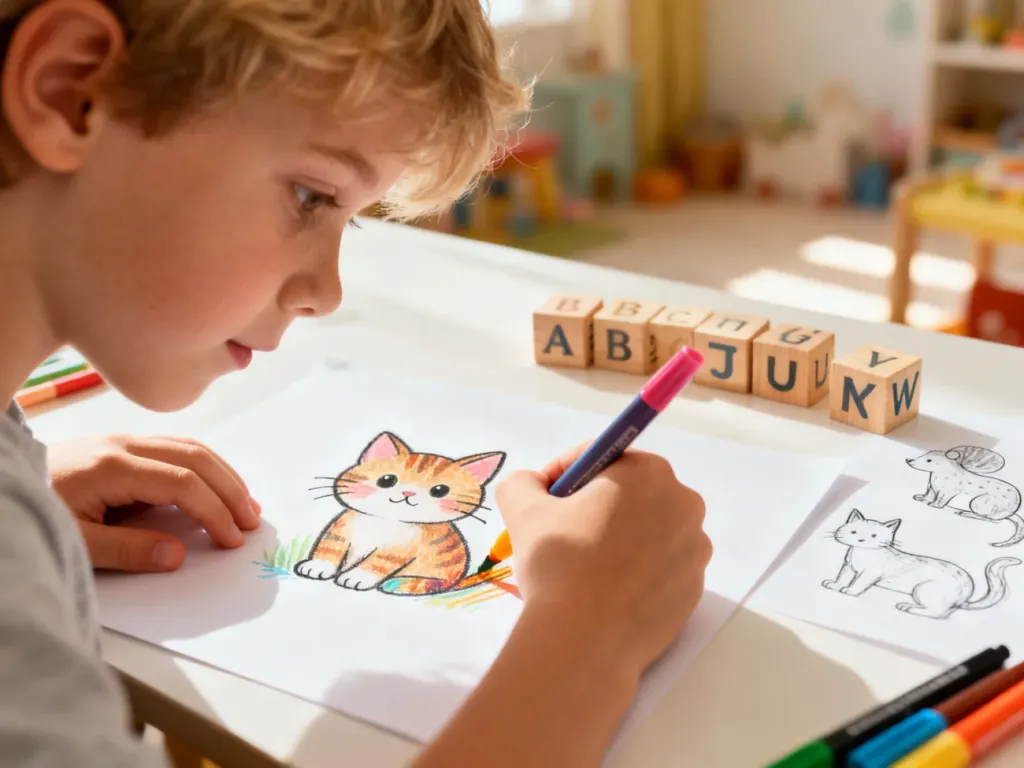 Dziecko rysuje kolorowymi pisakami kota na kartce, obok leżą drewniane klocki z literami i szkice zwierząt.